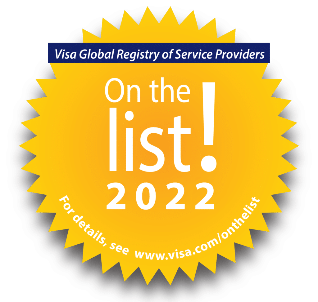 Yellow round ribbon that reads "Visa Global Registry of Service Providers On the List! 2022. For details, see www.visa.com/onthelist