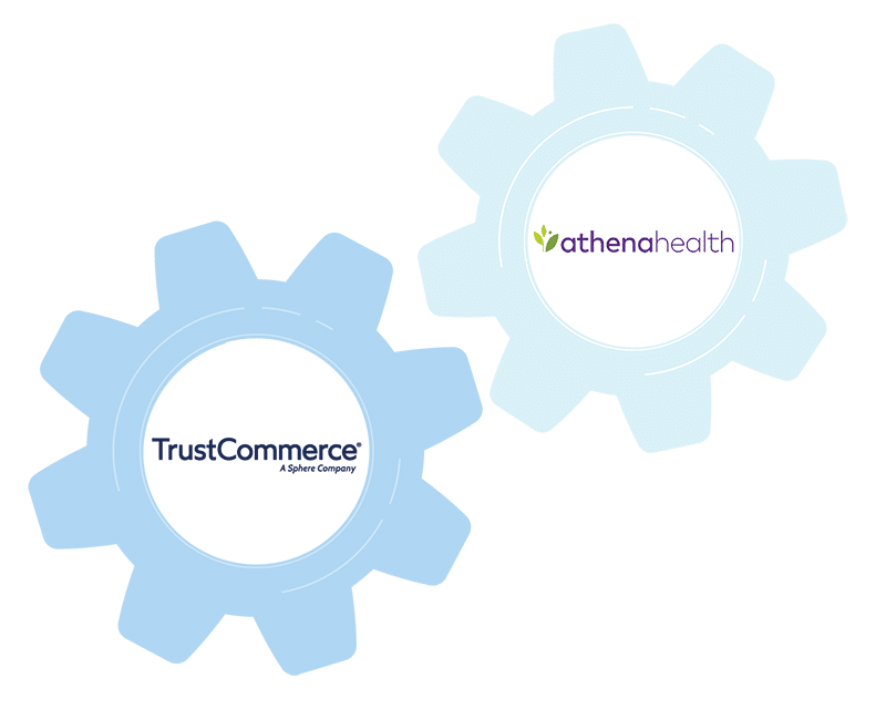 Two cogs interlocked with the TrustCommerce logo and Athena Health logo