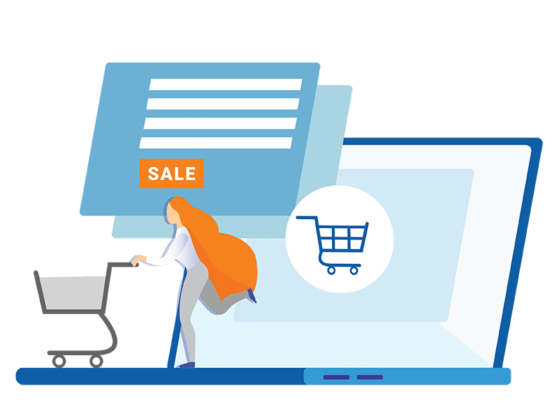 Cartoon graphic of a woman with a shopping cart standing on top of a laptop that is having an online sale