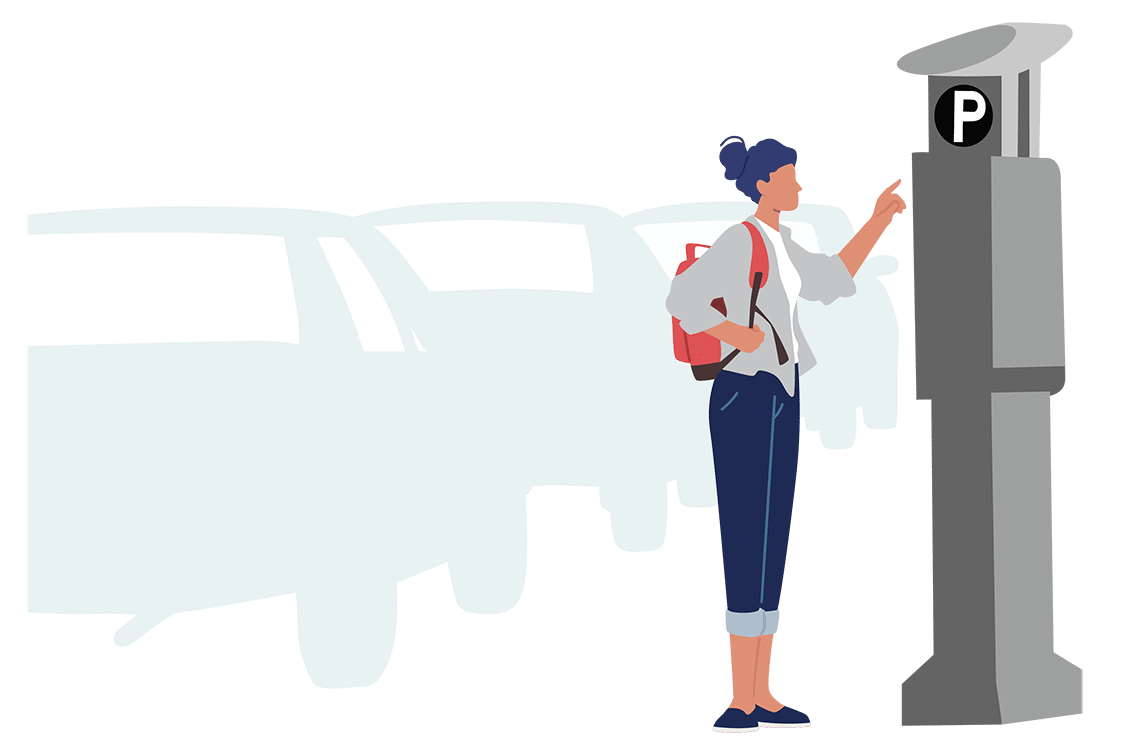 Cartoon graphic of a woman paying for parking at a parking machine
