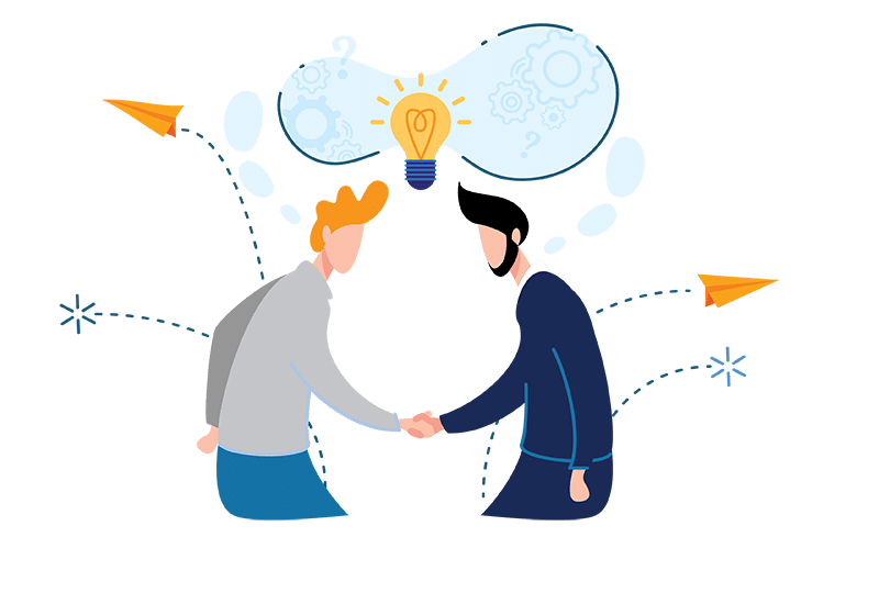 Cartoon graphic of two men shaking hands with lightbulb icon above them