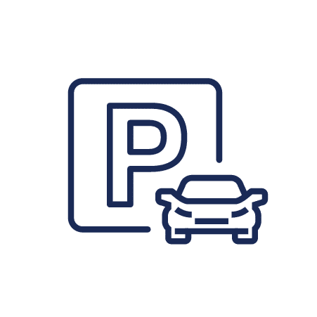 Icon of a parking sign with a car in the lower right hand corner