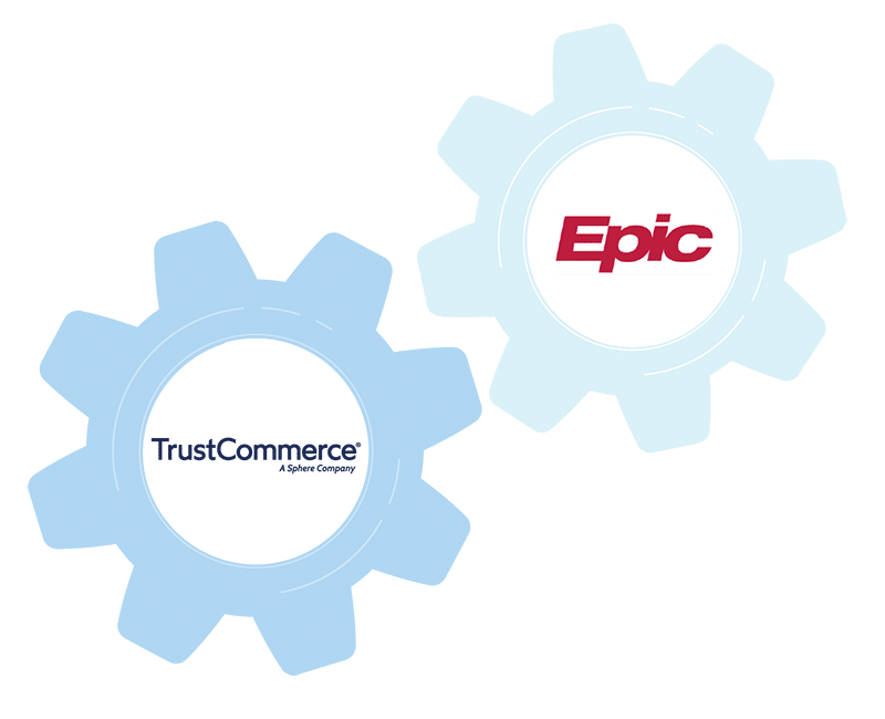 Two cogs interlocked with the TrustCommerce logo and Epic logo