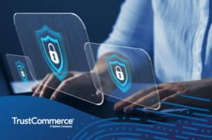 Person using a computer with 3 graphics of locks above the keyboard for cybersecurity with TrustCommerce