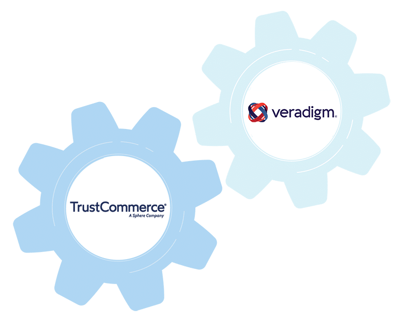 TrustCommerce and veradigm logos within two gears working together