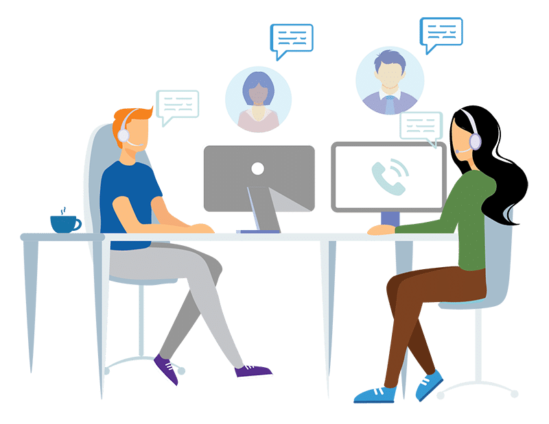 Cartoon graphic of customer service representatives wearing headsets and using computers