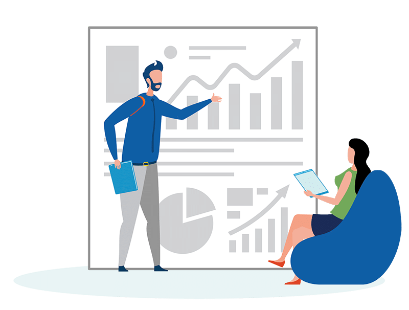 Cartoon graphic of a man presenting charts and graphs to a women who is sitting down taking notes