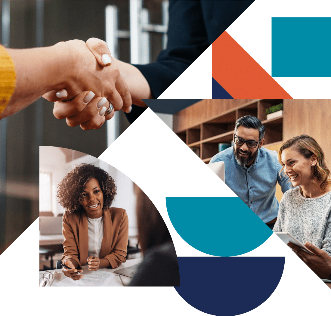 a collage of color-filled shapes and images of a close-up of a handshake, coworkers looking at a computer, and a woman discussing documents