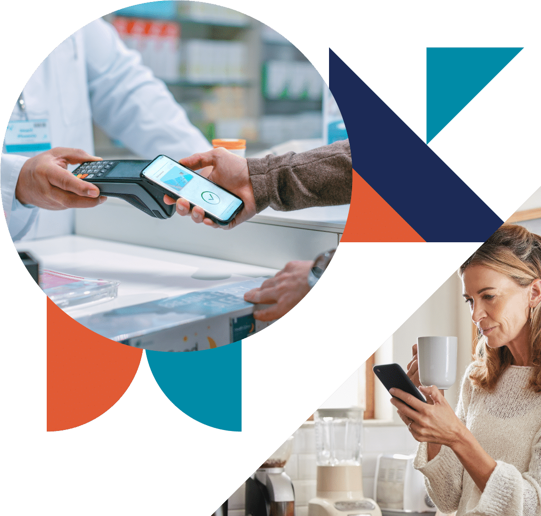 a collage of color-filled shapes and images of a person using a mobile phone to pay on an EFTPOS machine and a woman looking at her phone while holding a coffee mug