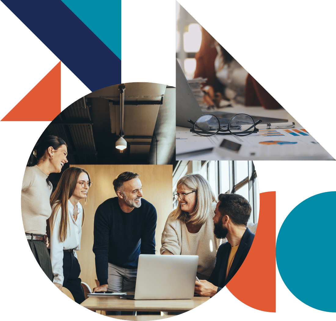 a collage of color-filled shapes and images of coworkers in discussion and a close-up shot of a laptop and glasses