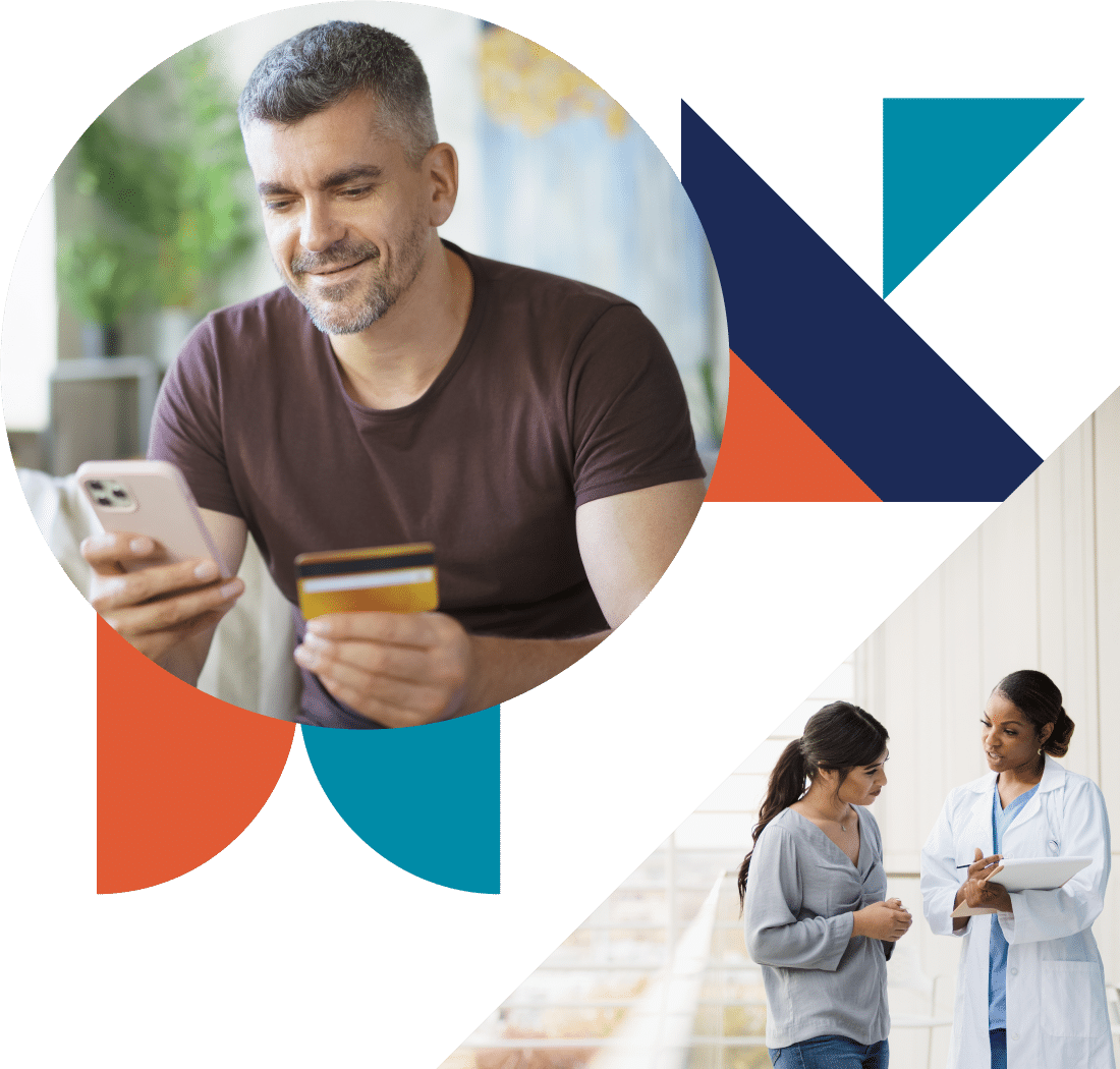 a collage of color-filled shapes and images of a man using a credit card to pay on a mobile phone and a doctor and patient in discussion