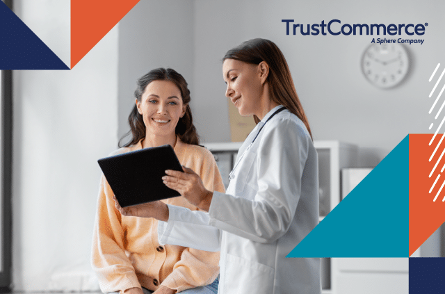 Image of a doctor speaking with a patient with a TrustCommerce's logo in the upper right hand corner