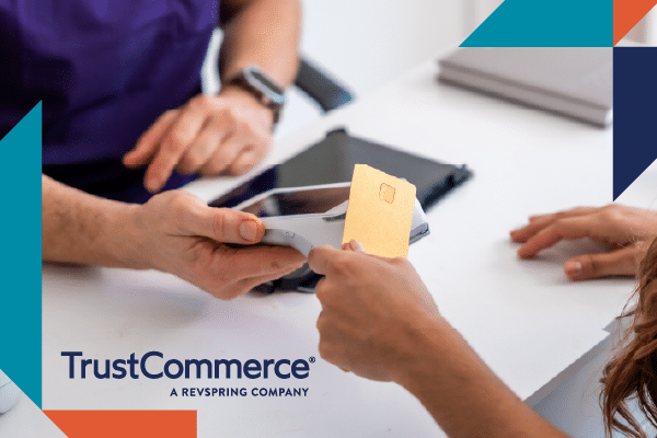 TrustCommerce logo with the image of a patient paying for healthcare with a tap-to-pay modern function